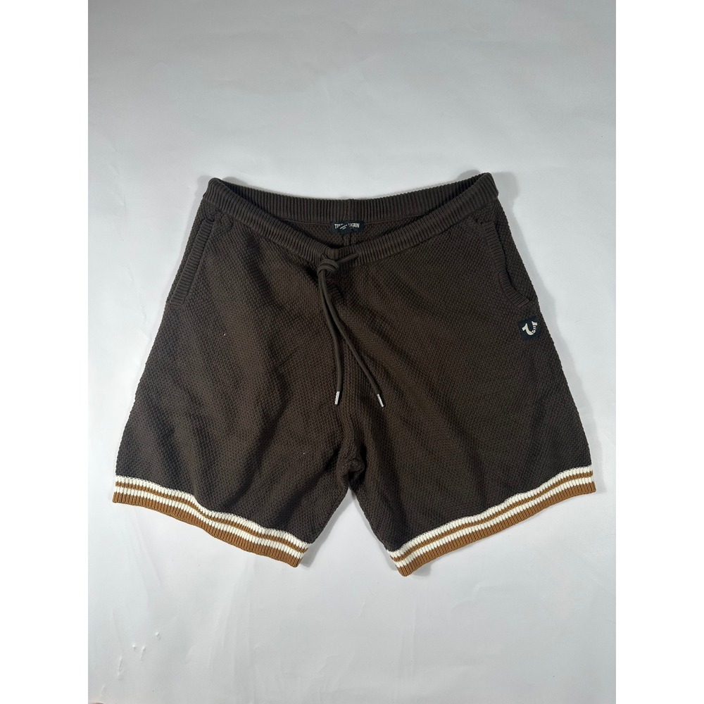 True Religion Mens Brown Sweater Knit Shorts Striped Trim XL